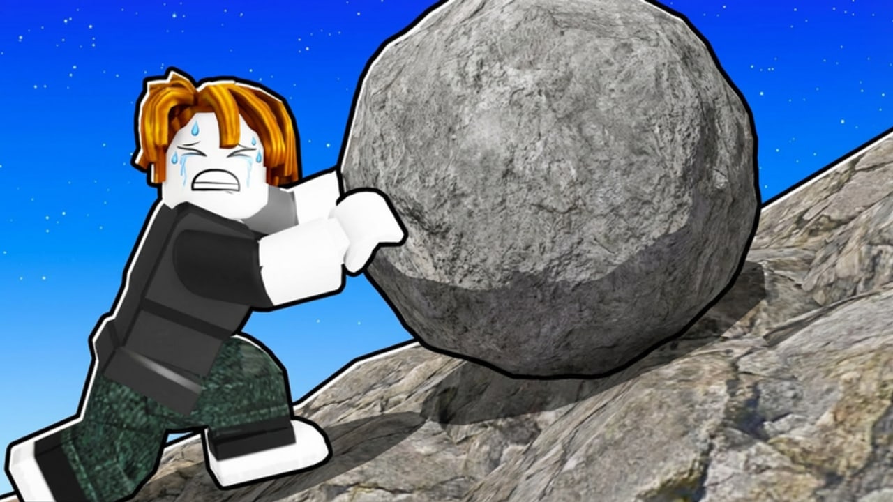 Roblox avatar straining to push a giant granite boulder up a rocky night slope in Push the Rock