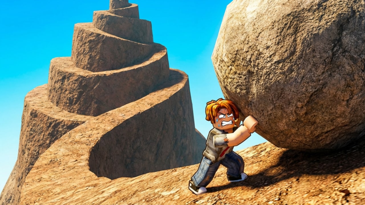 Player pushing a boulder beside a tall spiral desert mountain, the World 1 climb in Push the Rock